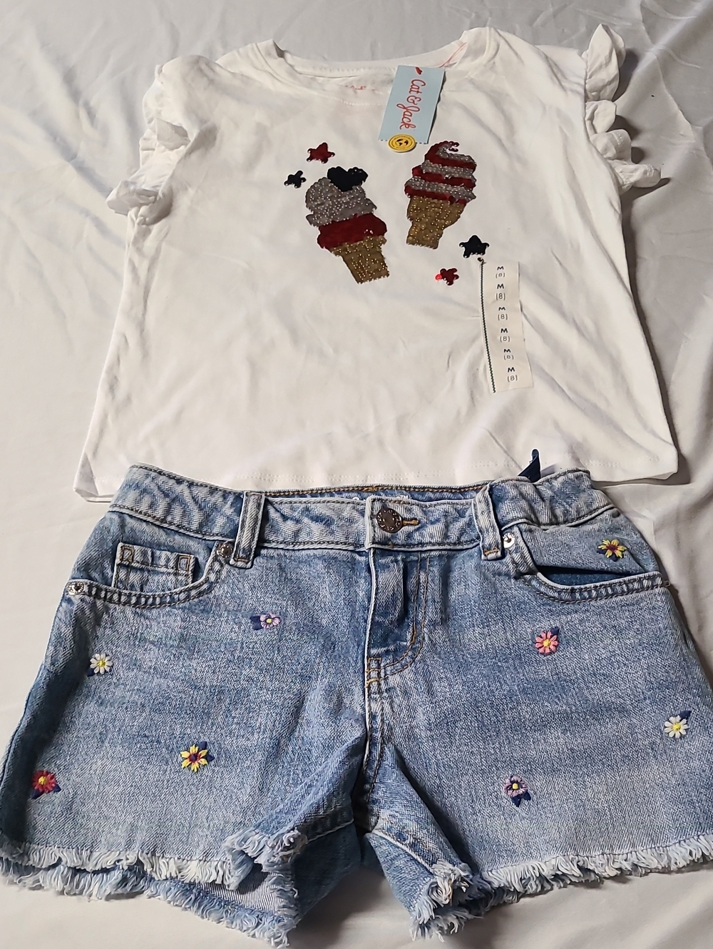 Cat & Jack White Ice Cream Sequin Ruffle Sleeve Tee